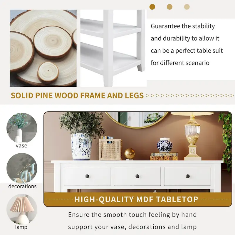 Pine Solid Wood Console Table with Two Open Shelves