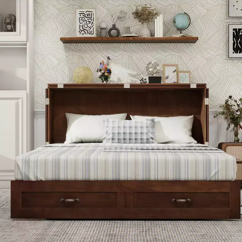 Keloyid Haimyy Solid Wood Frame Queen Murphy Bed Chest with Built-in Charger and Strong Drawer