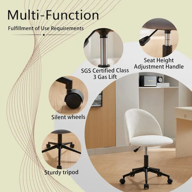 Boucle Office Chair Desk Chair, Mid-Back Adjustable Swivel Computer Chair with Black Legs, Upholstered Desk Chair with Wheels