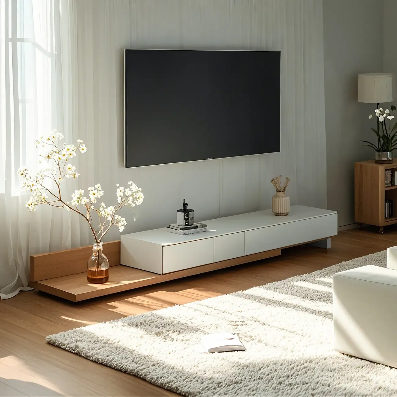 Natural Modern Long Wood Extended Shelf TV Stand with Drawer