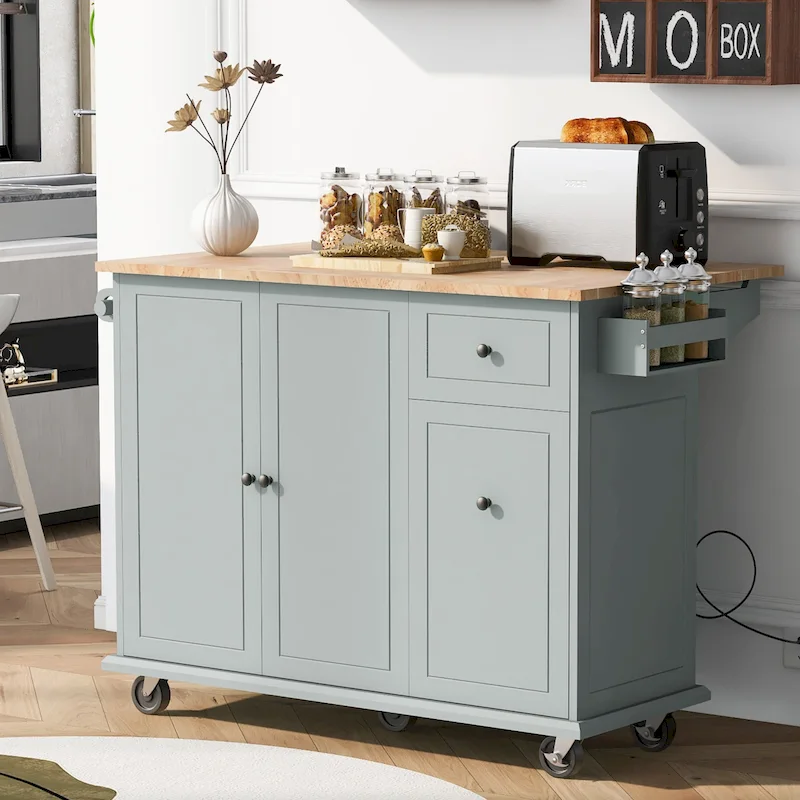 53.9 Width Rolling Kitchen Island with Drop Leaf and 3 Tier Pull Out Cabinet