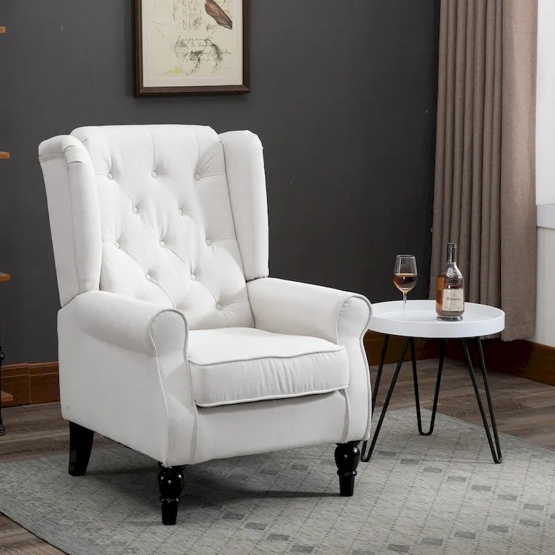 High Wingback Button-Tufted Accent Chair, White, Eucalyptus Legs, Seats 1
