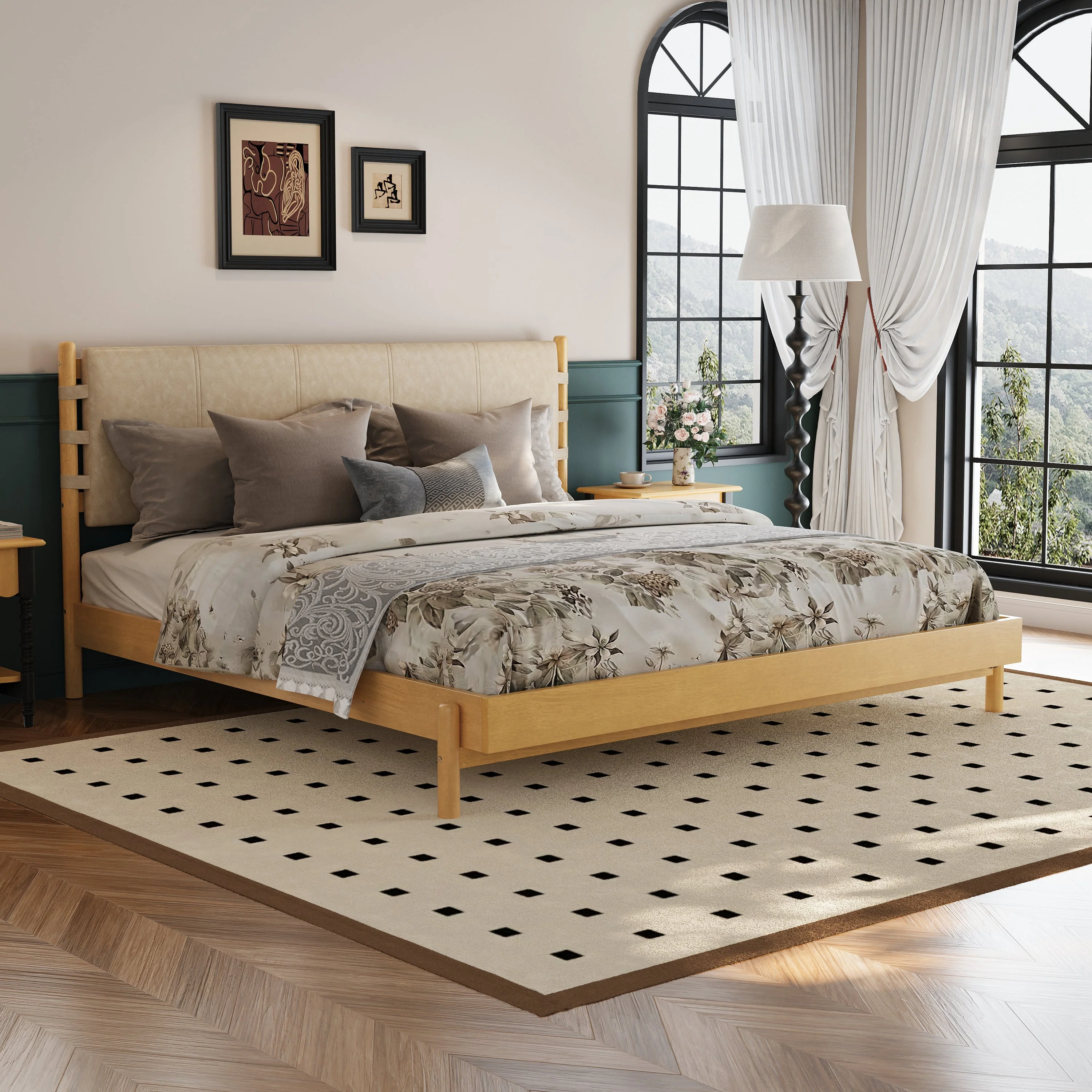 Mid Century Modern Upholstered Headboard Bedframe