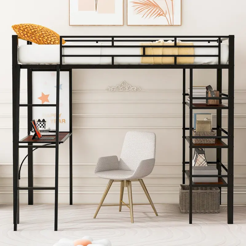 Twin Metal Loft Bed with Built-in Desk