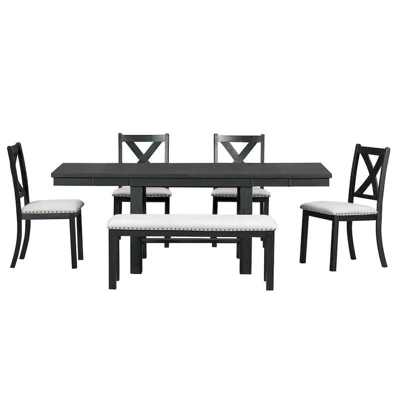 Farmhouse 6-Piece Wooden Dining Table Set with Extendable Table & 4 Chairs