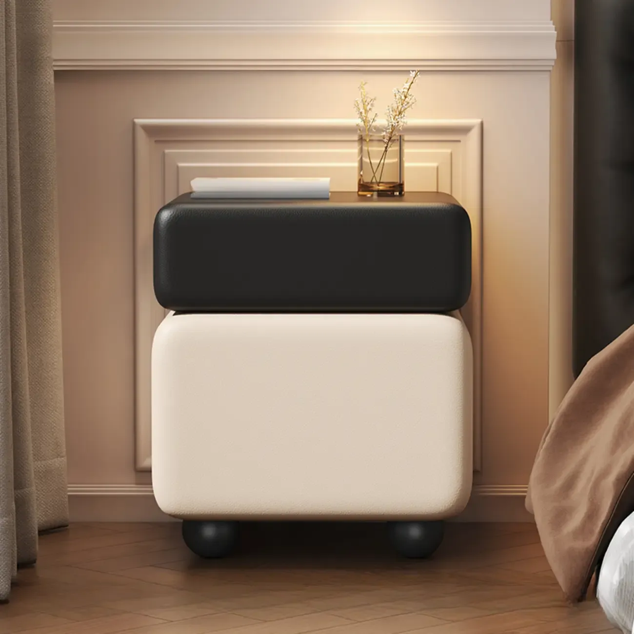 Black Walnut Finish Faux Leather 2-Drawer Nightstand