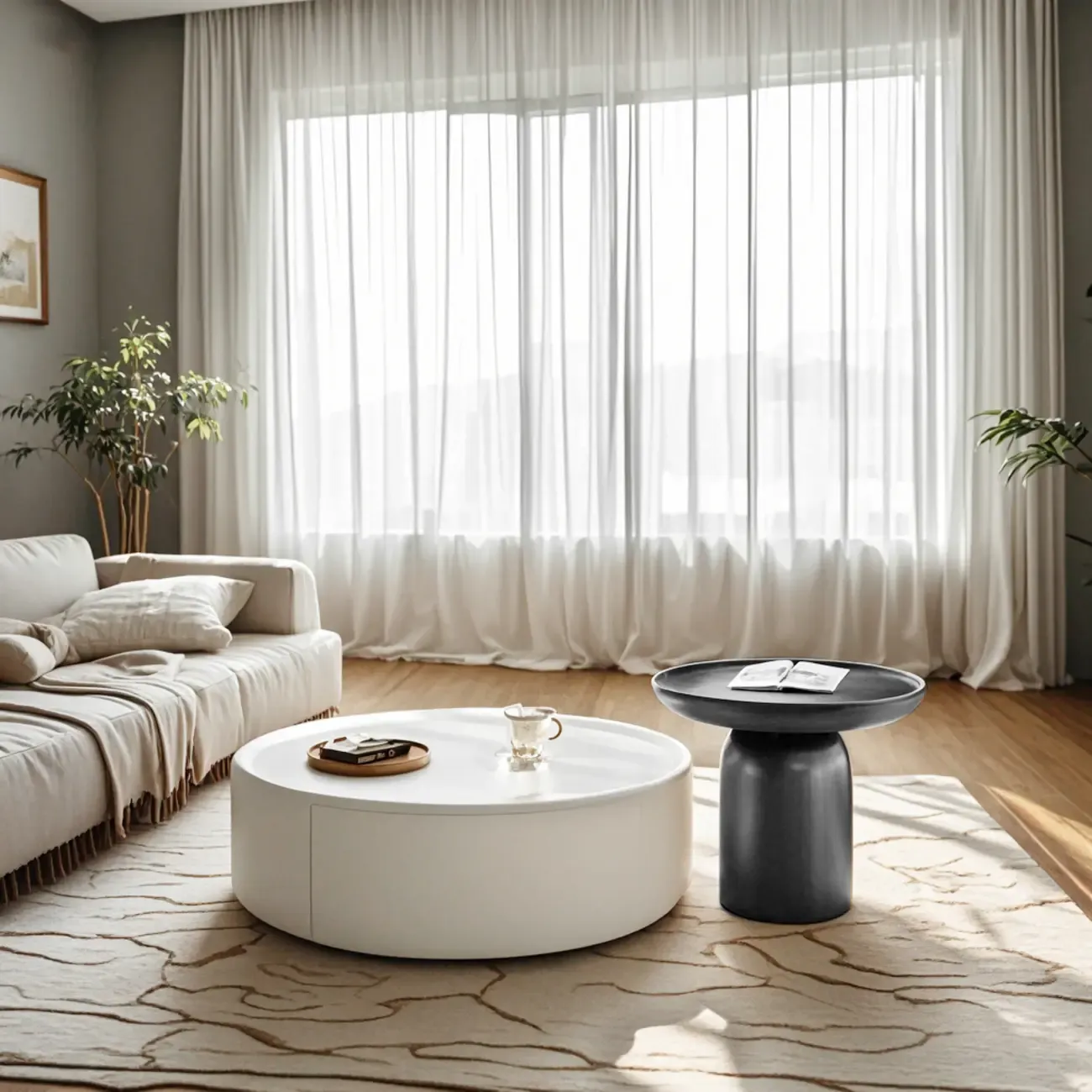 White Tray Top Stylish Round Wood Drawer Coffee Table