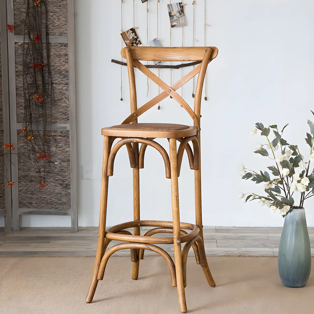 Rustic Solid Wood Wicker Cross Back Bar Stool in Brown/ Grey