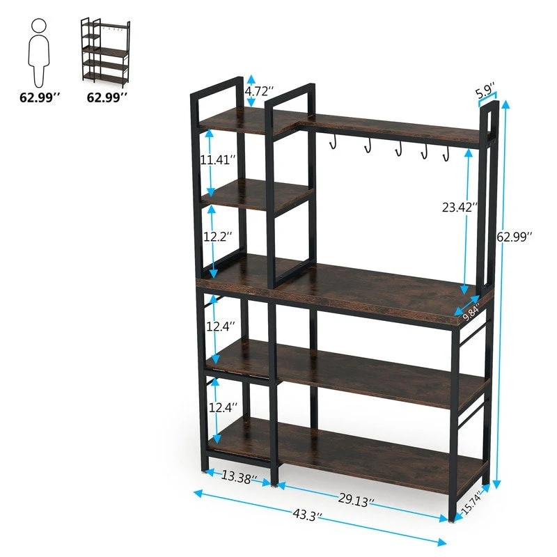 4-Tier Rustic Brown Bakers Rack with S-Shape Hooks