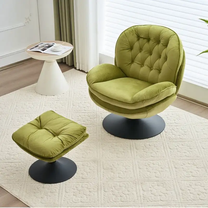Velvet Swivel Accent Chair with Ottoman Round Reading Accent Chair Foot Stool Ottoman Set,360 Swivel,Metal Frame