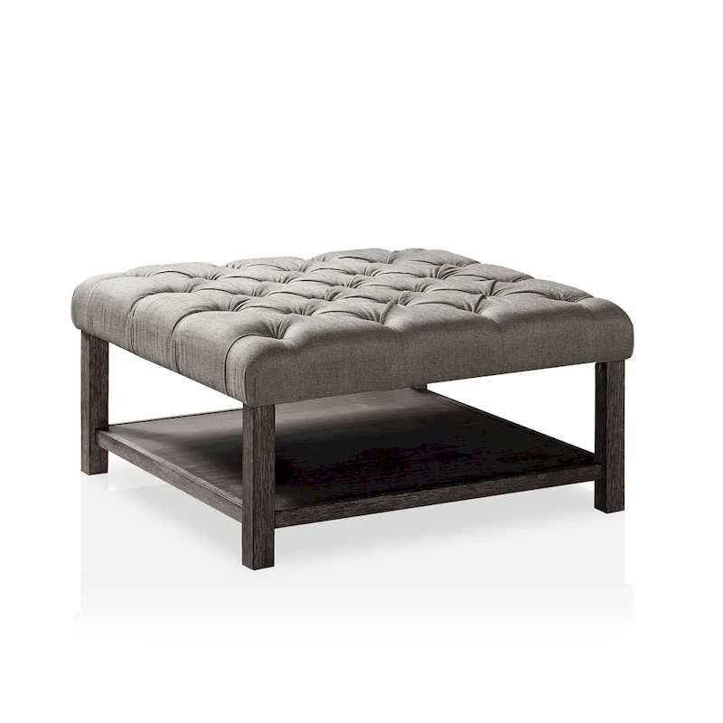 Belbeck Farmhouse Grey Fabric Tufted Square Cocktail Ottoman with Open-Shelf by Furniture of America