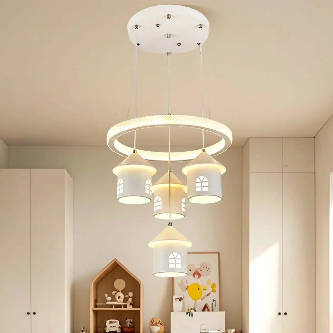 Modern 4-Light LED Chandelier with Unique House Design