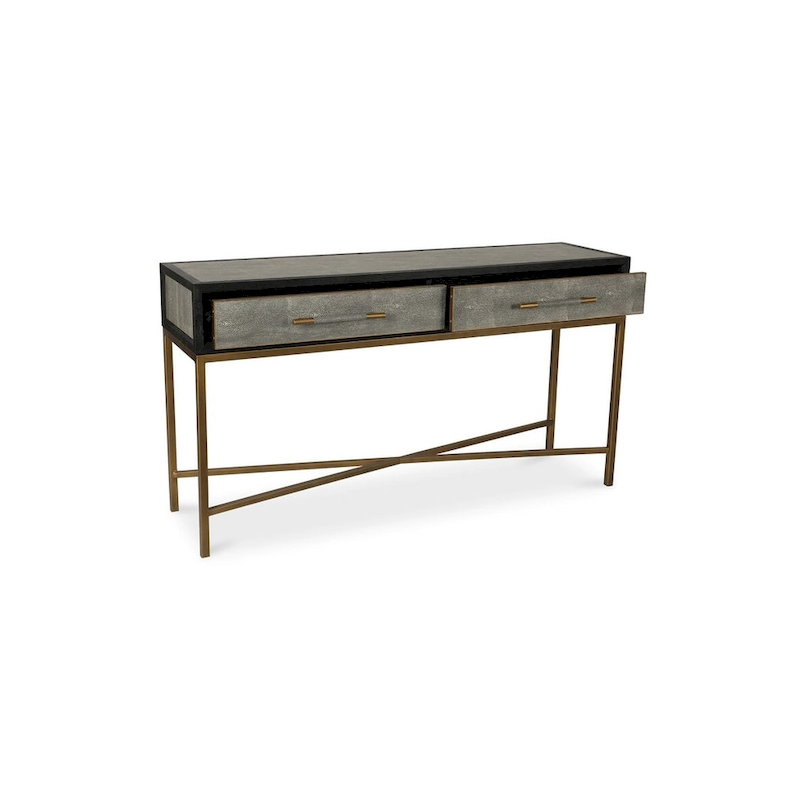 Macari Miki Art Deco Solid Wood AndVegan Leather Shagreen With Brass Accents Console Table - 59W x 16D x 32.3H