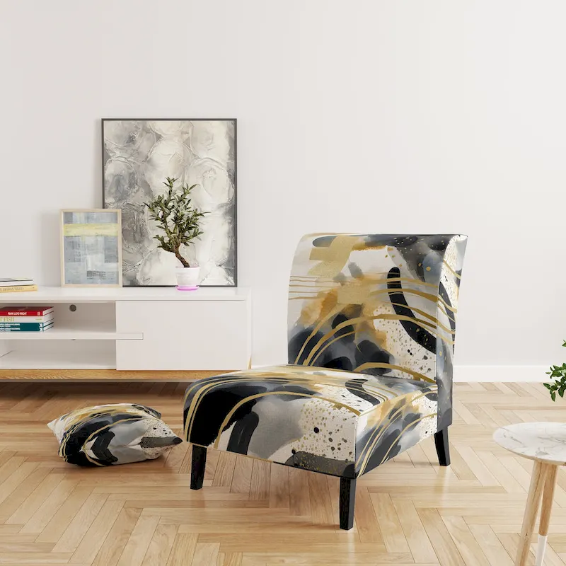 Designart Pastel Abstract With Blue Black & Gold Spots III Upholstered Fractals Accent Chair and Modern Arm Chair