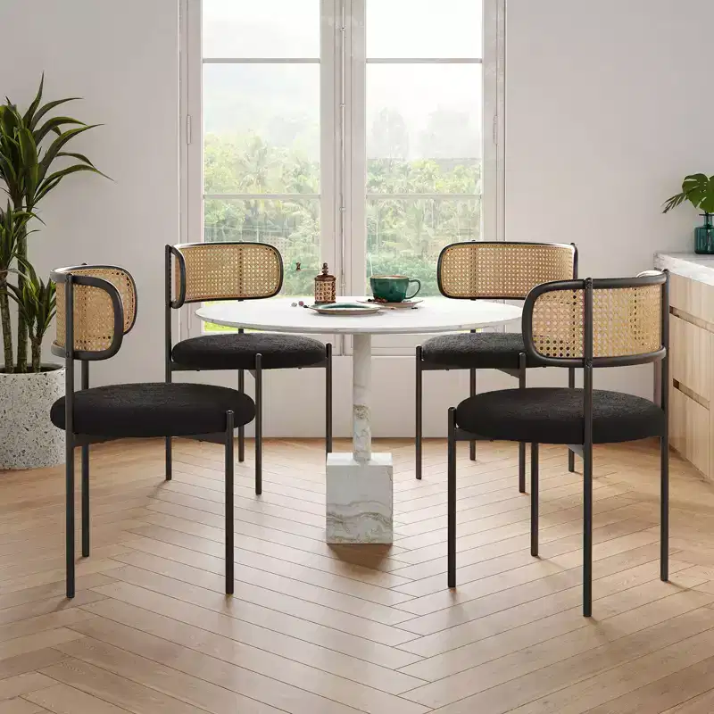 PexFix 2Pcs Modern Upholstered Dining Chairs Rattan Back Dining Room Chairs Accent Kitchen Chairs with Metal Legs Black