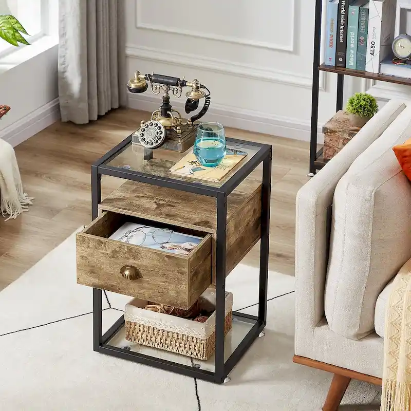 VECELO (Set of 2) Modern 1-Drawer Nightstand with 2-tier Glass Shelves