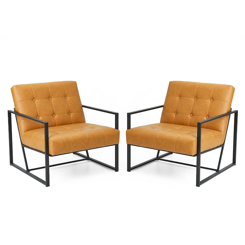 Glitzhome Set of 2 29.25W Mid-Century PU Leather Tufted Accent Chairs