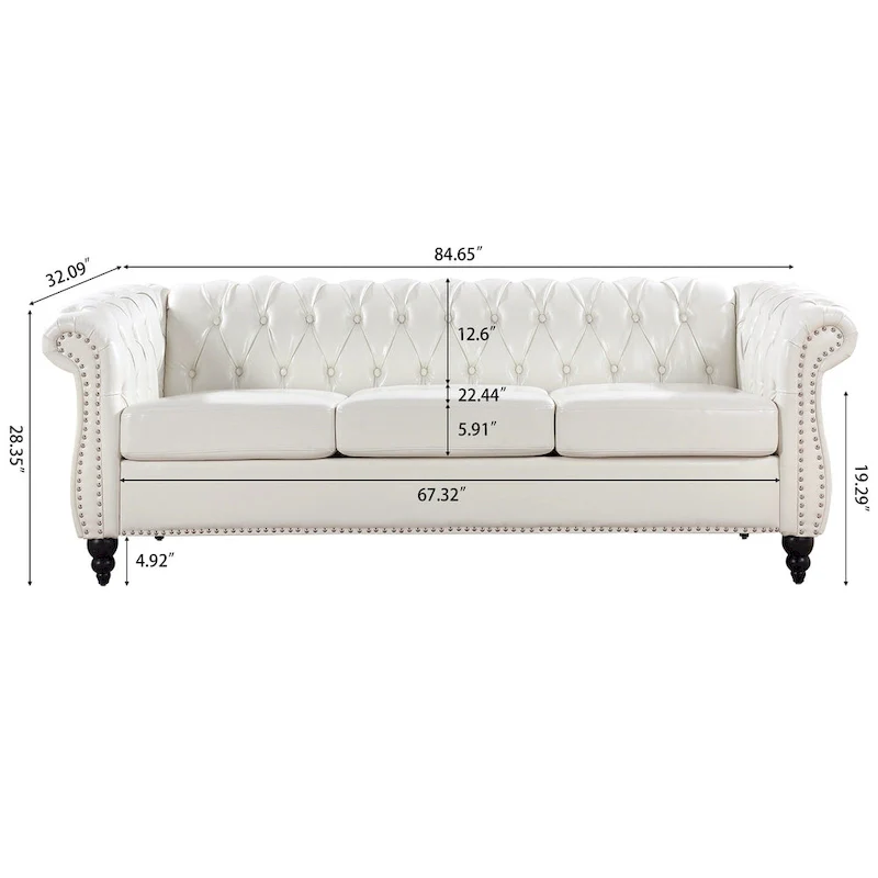 White 84.65  Chesterfield PU Leather 3-Seater Sofa with Button Tufted Backrest