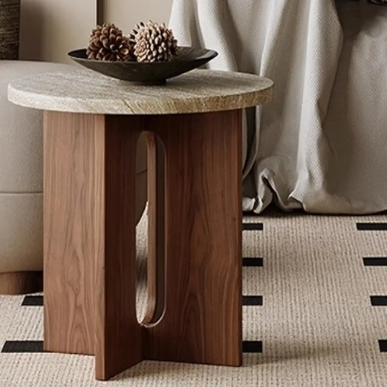 Modern Travertine TOP Round Accent Table with Wood Base