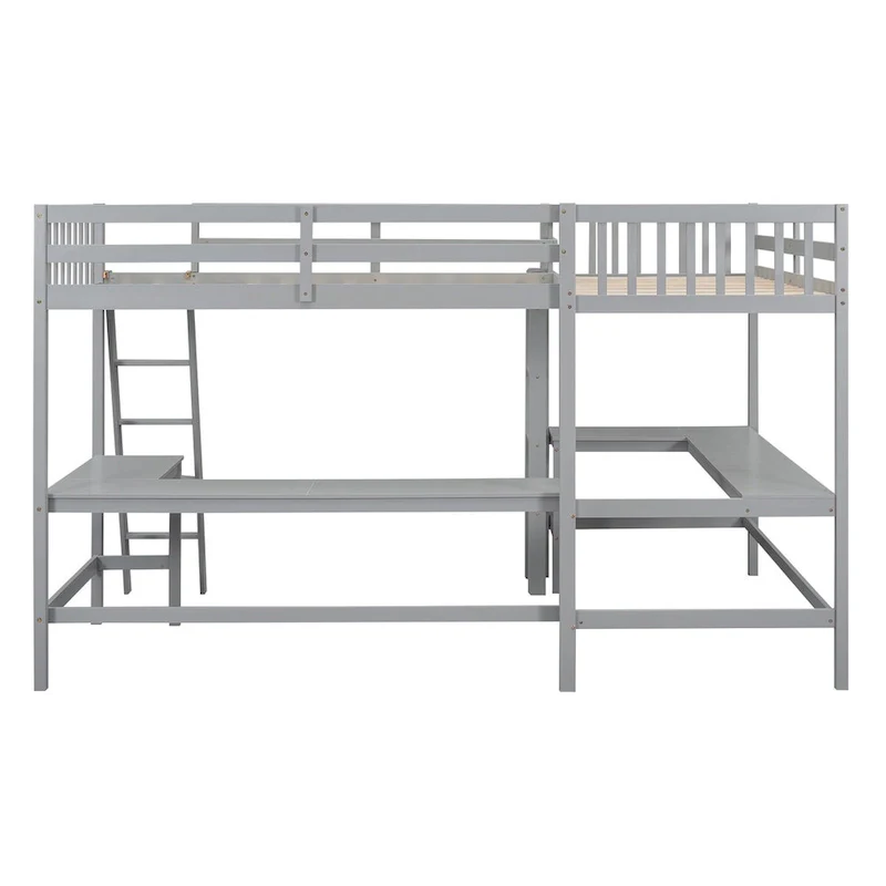 Twin Size L-Shaped Loft Bed Frame for Boys Girls Kids Adults Toddler with Ladder and 2 Built-in L-Shaped Desks