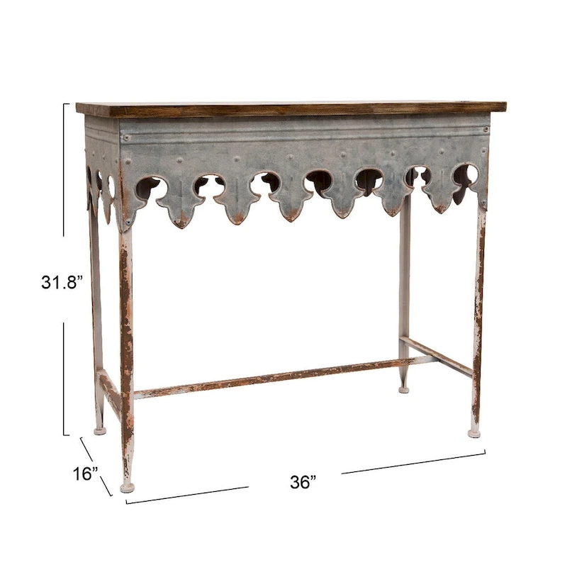 Zinc-Finished Metal and Wood Scalloped Edge Sofa Table