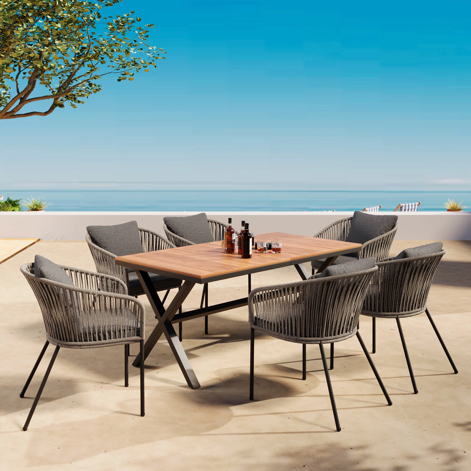 Walker Edison | Rope Modern Design 7 Piece Patio Dining Set