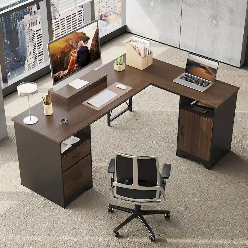 63 L Shaped Home Office Desk with File&Storage Drawers and Cabinet, Computer Desk with Monitor Stand and Open Compartments