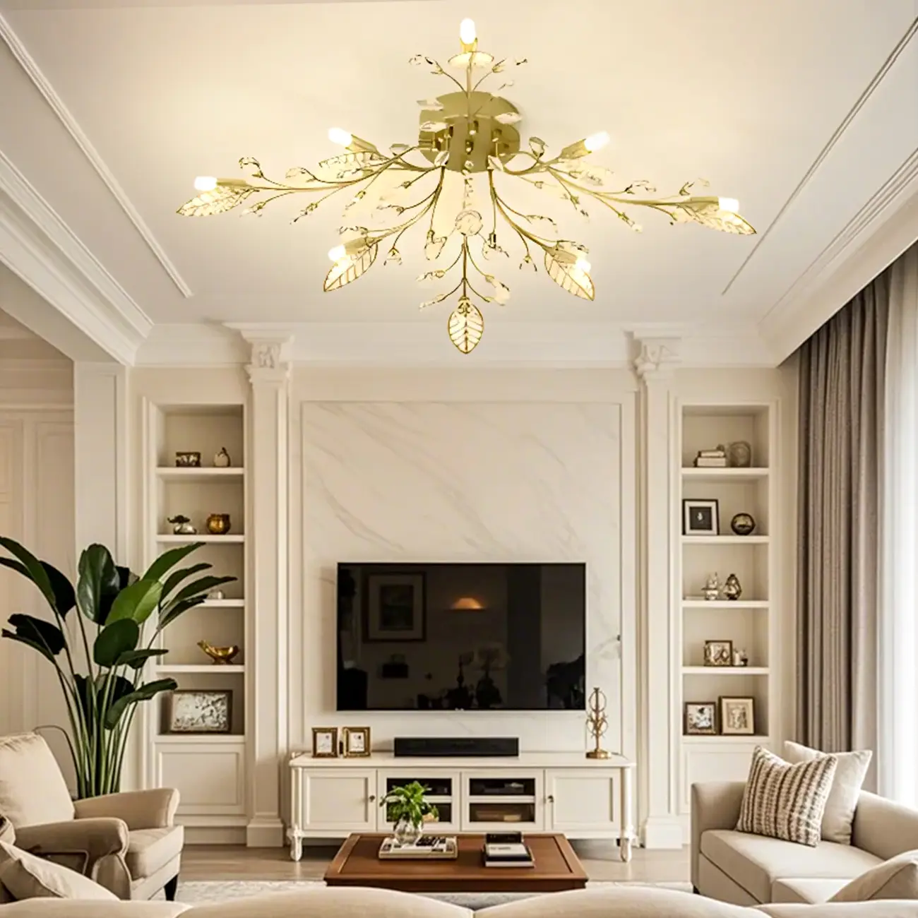 Elegant Golden Branch Crystal Semi Flush Ceiling Light