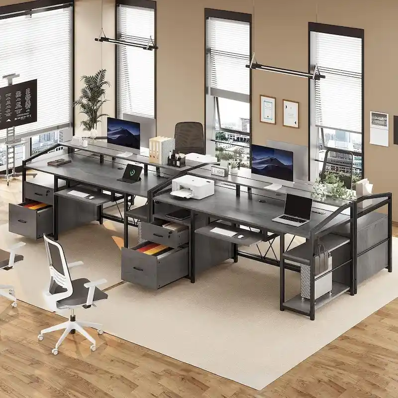 LED Computer Desk With Lock Drawers Keyboard Tray Power Outlet