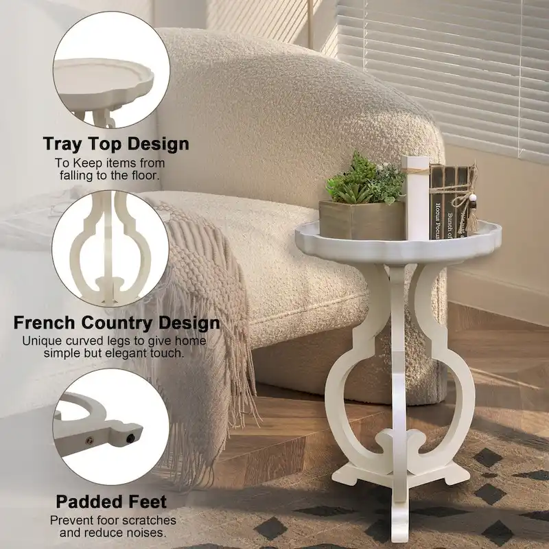 French Country Wood Side Table with Scalloped Edge Tray Top and Curved Legs