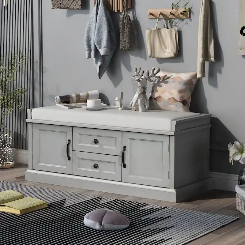 Storage Shoes Bench with 2 Drawers, 2 Cabinets and Removable Cushion