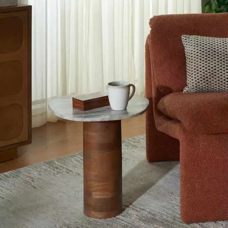 Mono Small Marble Side Table - ACC2908A - Off White Marble/Walnut - Safavieh