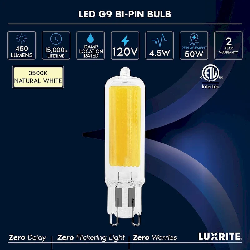 Luxrite G9 LED Bulb Dimmable 4.5W, 50 Watt Equivalent, 450LM, Glass G9 Bi Pin Base, ETL (10 Pack)