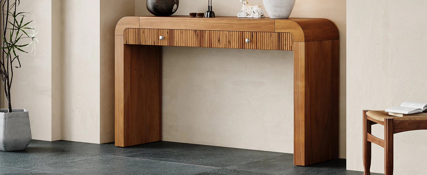Walker Edison | Entryway Fluted Curve Design Console/Desk Table with Drawers
