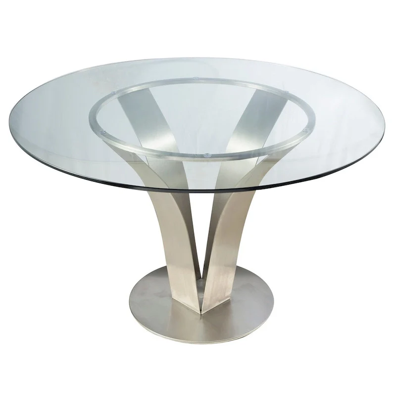 48 Inch Dining Table with Round Glass Top and Metal Base, Chrome