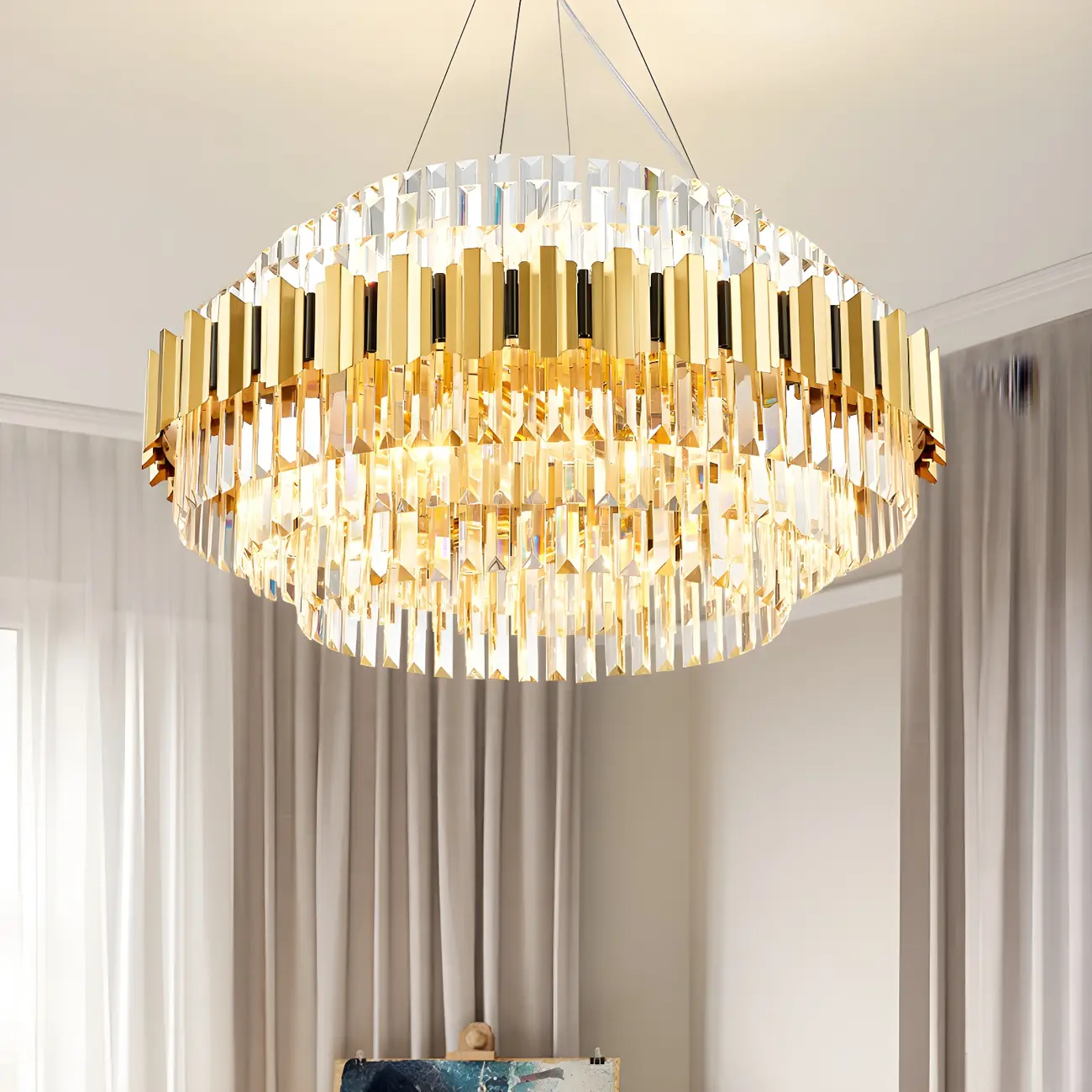 Modern Living Room Gold Crystal Clear Pendant Layered Chandelier
