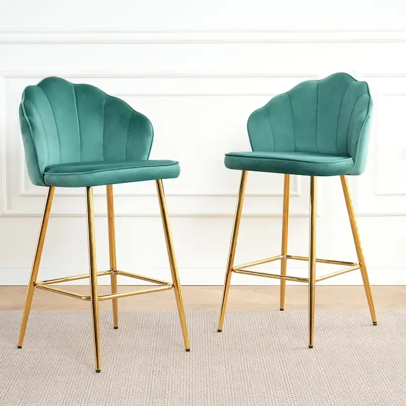 Velvet Shell Bar Stools Set of 2, Counter Height Chairs with Metal Legs, Upholstered Kitchen Island Chairs with Footres