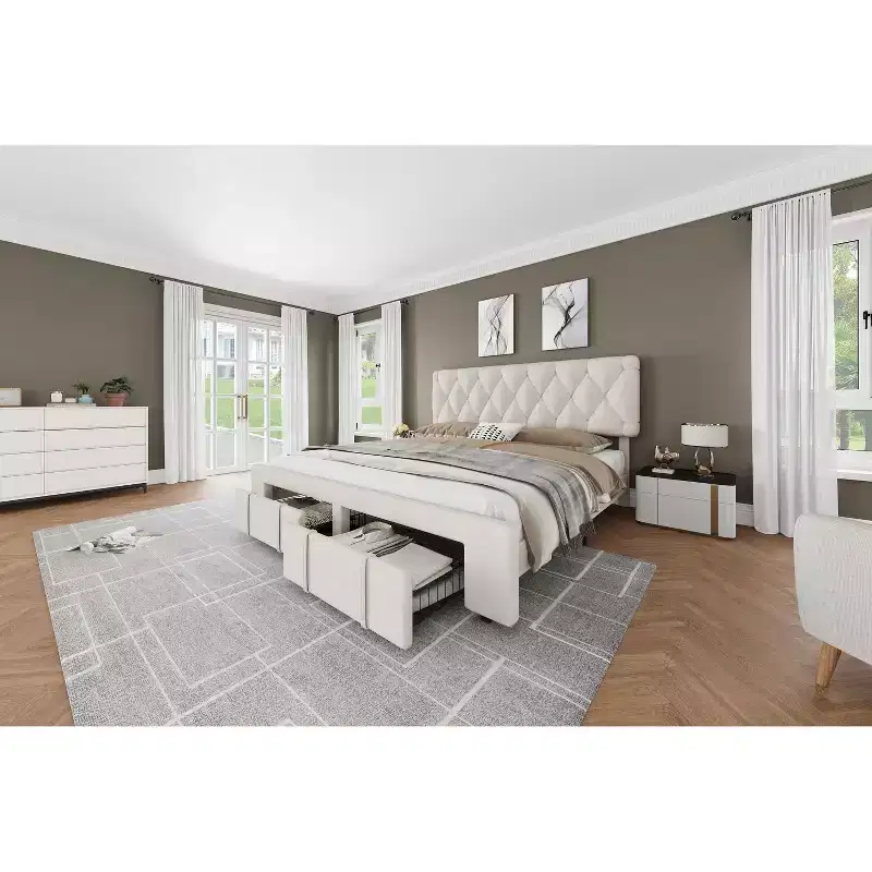 Upholstered Bed Frame with Tufted Headboard & Storage Drawers – Beige/Gray, Full/King, 2-Person