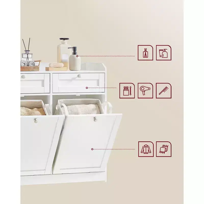 VASAGLE Laundry Cabinet, with 2 Drawers and 2 Hidden Laundry Hampers, Freestanding, Tilt-Out Laundry Baskets with Handles, Cloud White