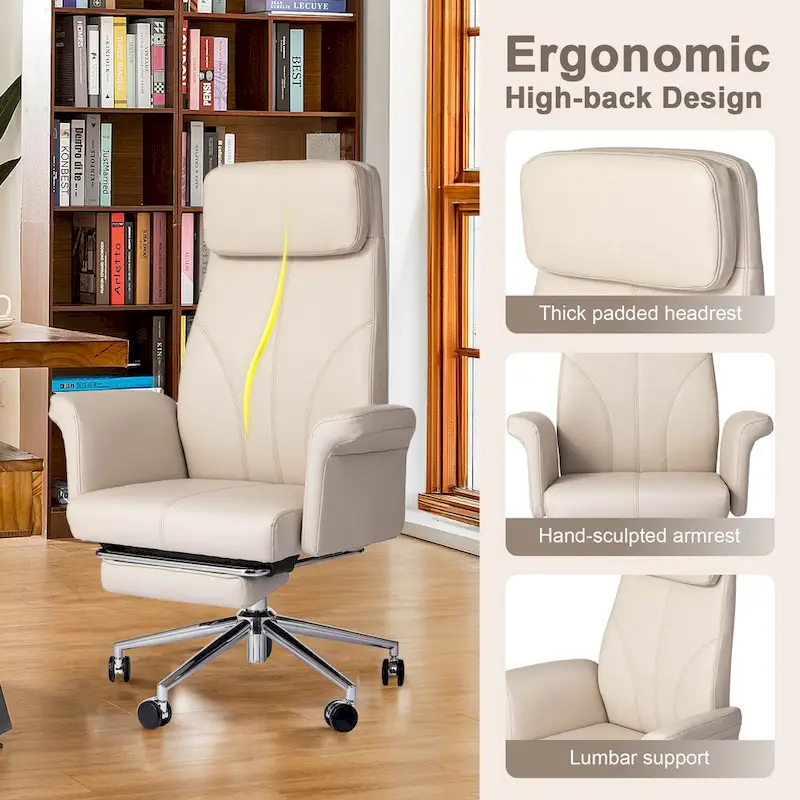 Glitzhome 49H Modern Adjustable Swivel High Back Ergonomic Office Chair with Armrest and Extendable Footrest