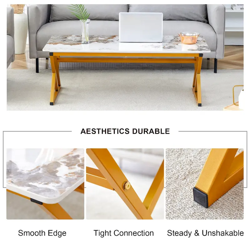 47 Modern Rectangular Coffee Table with Sintered Stone Tabletop and X-shaped Metal Legs
