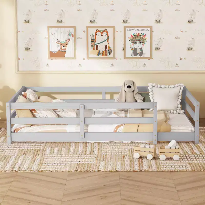 Twin Size Toddler Floor Bed with Fence for Kids,Modern Metal Montessori Bed for Bedroom