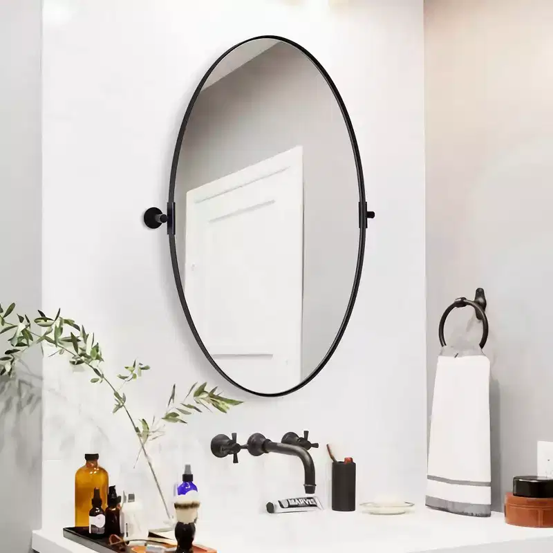 Modern Decorative 22 x 34 Inch Oval Wall Mounted Hanging Bathroom Vanity Mirror with Stainless Steel Metal Frame, Matte Black