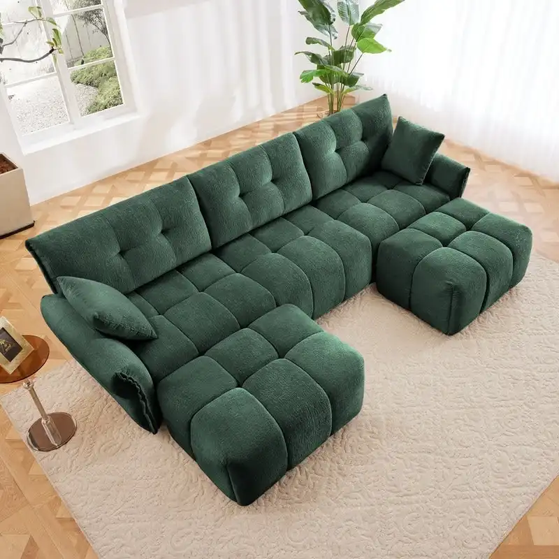 110.2  Chenille 3 Seater Upholstered Sofa, 2 Ottoman