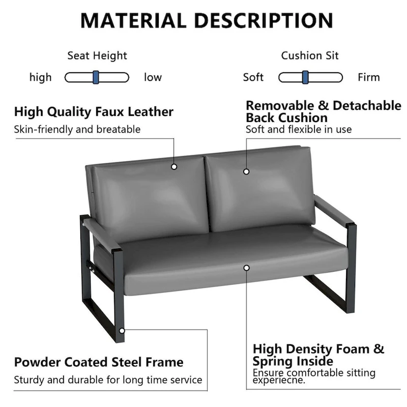 Mieres Mid-Century Style Faux Leather Loveseat Sofa with Steel Frame