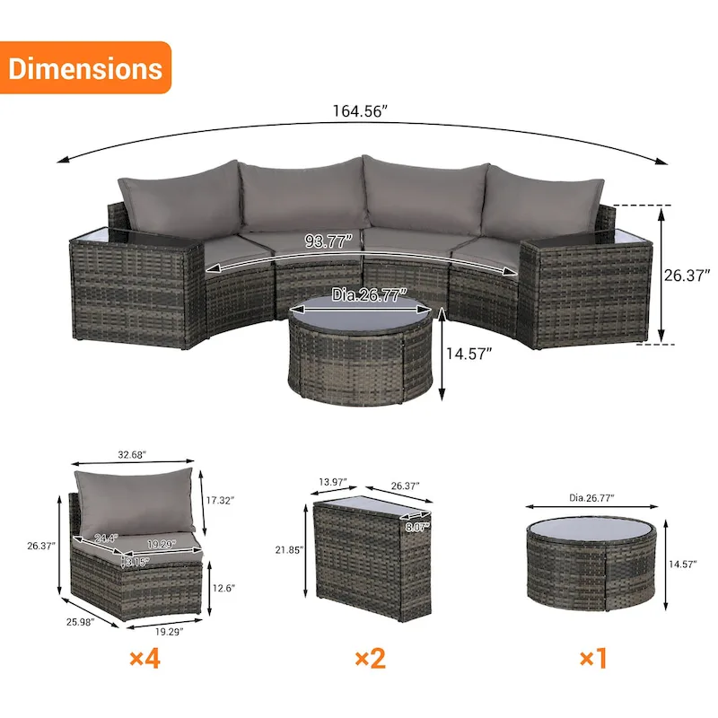 7-Piece Half-Moon Sectional Sofa Set with Glass Table