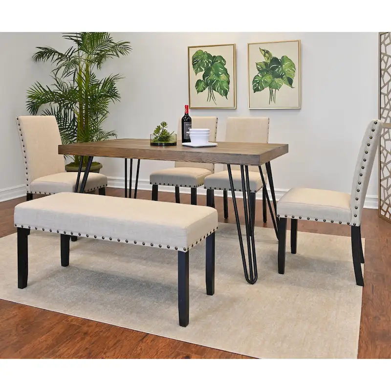 Roundhill Furniture Amisos 6-Piece Dining Set, Hairpin Dining Table with 4 Chairs and Upholstery Bench
