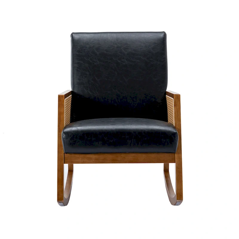 Modern PU Leather Rocking Chair with Rattan Arms