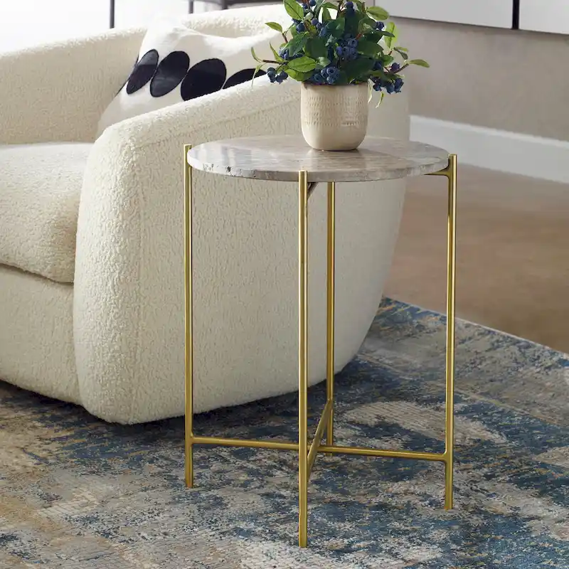 Porch & Den Gold Iron and Travertine Marble Top Accent Table