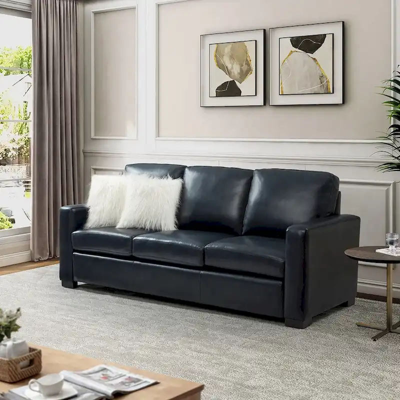 Ernando 83.46 Wide Genuine Leather Sofa with Squared Arms and Pillows